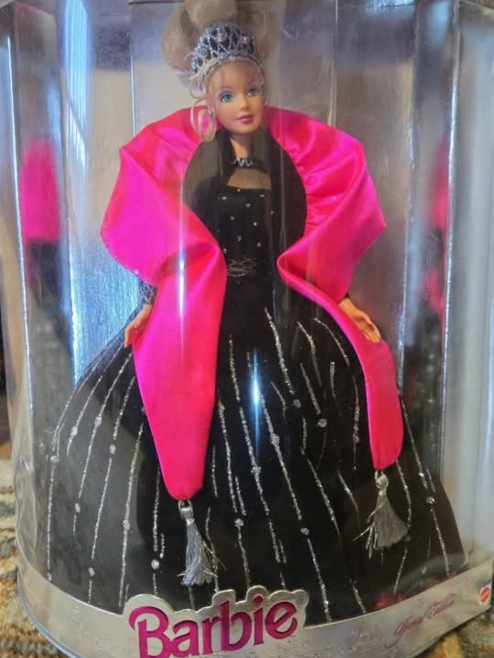 *RARE* Barbie Black Gown with Hot Pink Shawl and Silver Accents